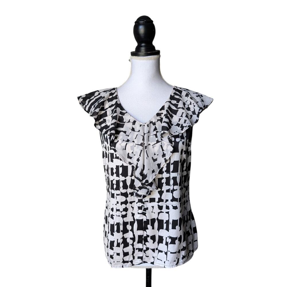 St John Silk Blend Black White Keyhole Back Blouse Top FLAWED Size 2 Ruffle